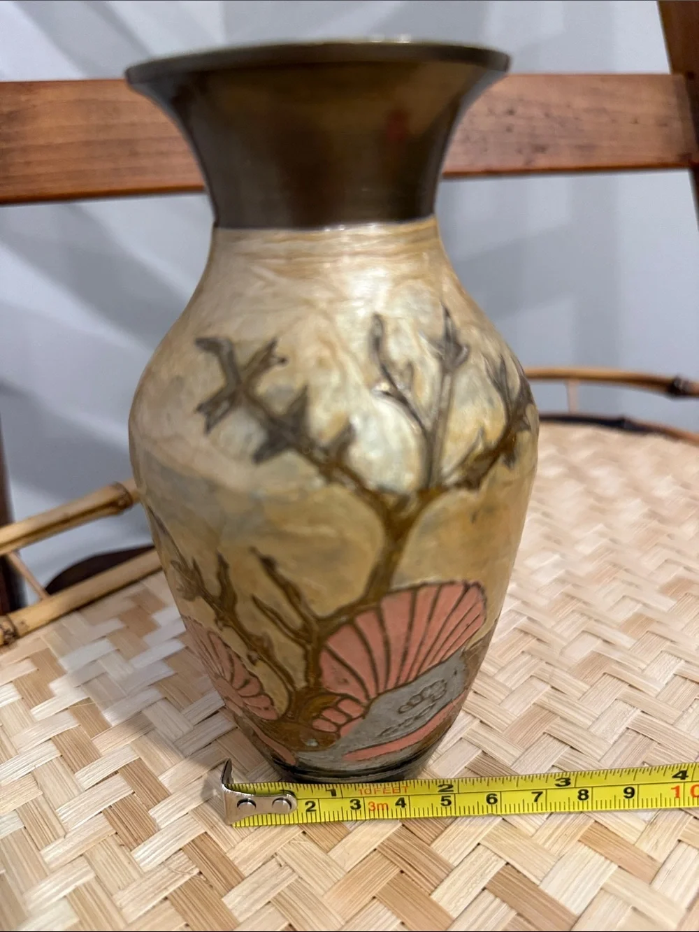 Decorative Gold Toned Floral Ceramic Vase with Coral Accents Brass  Boho
